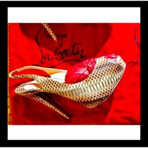 Christian Louboutin Lady Peep Sling 150 Snakeskin Platform Pumps Beige Brown sz7